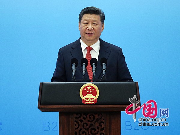 Chinese President Xi Jinping delivers a keynote speech at the Business 20 (B20) summit in Hangzhou, capital of east China`s Zhejiang Province, Sept. 3, 2016. [Photo/China.org.cn]